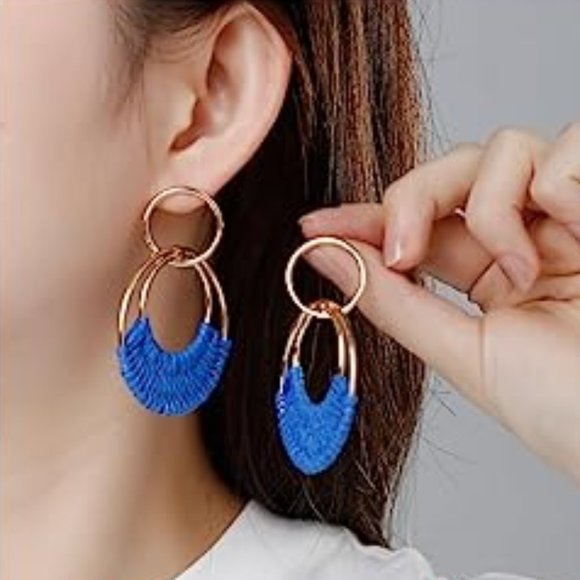 Blue Woven Raffia Gold Hoop Earrings Wicker Hoops Links Post Vacation Style New - Picture 5 of 6
